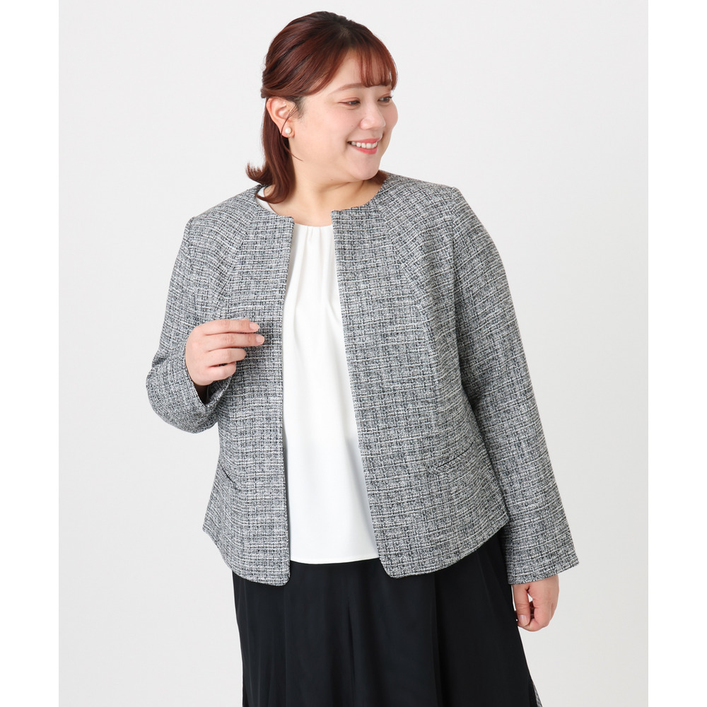 25年冬新作【大きいサイズ】ノーカラーツイードジャケット13