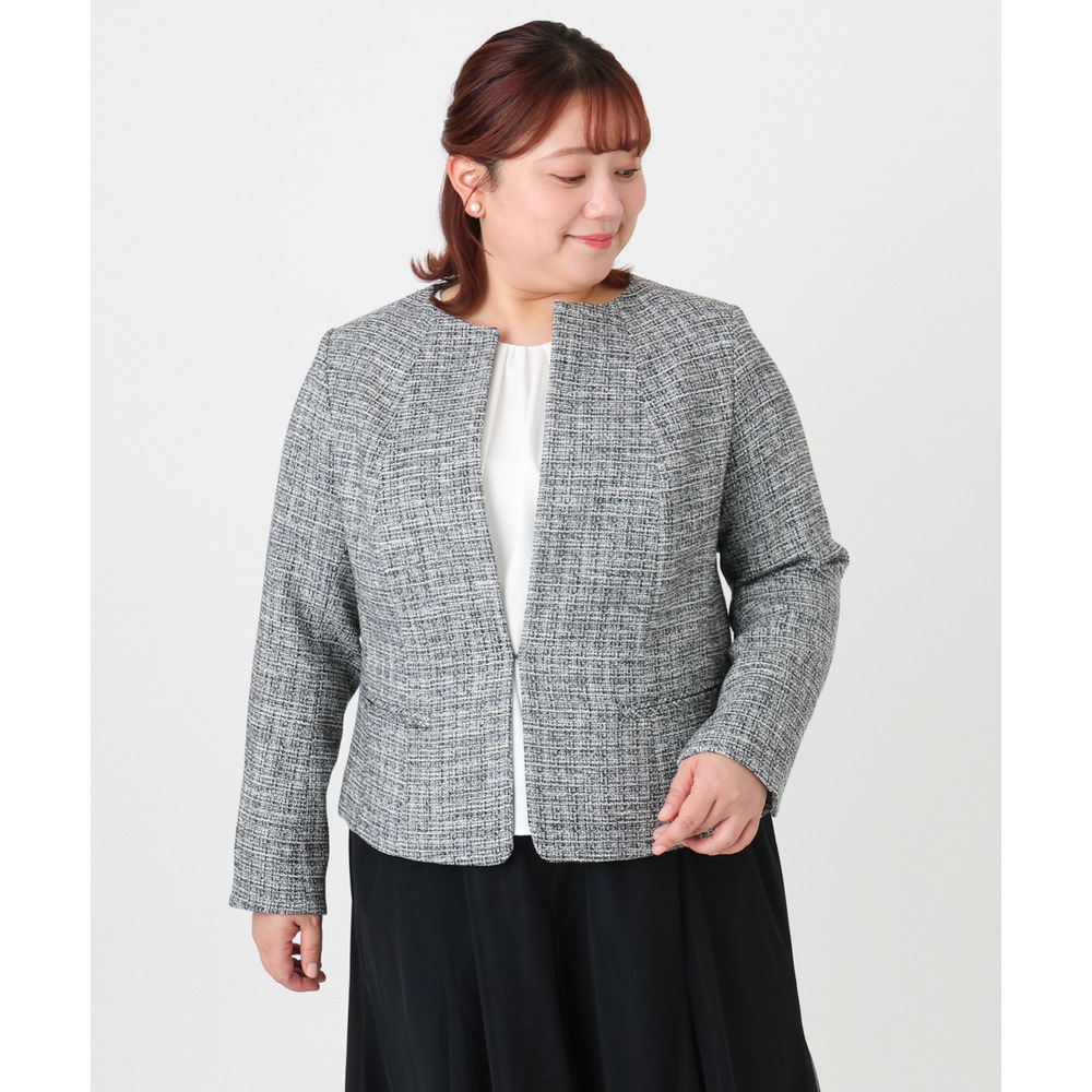 25年冬新作【大きいサイズ】ノーカラーツイードジャケット14