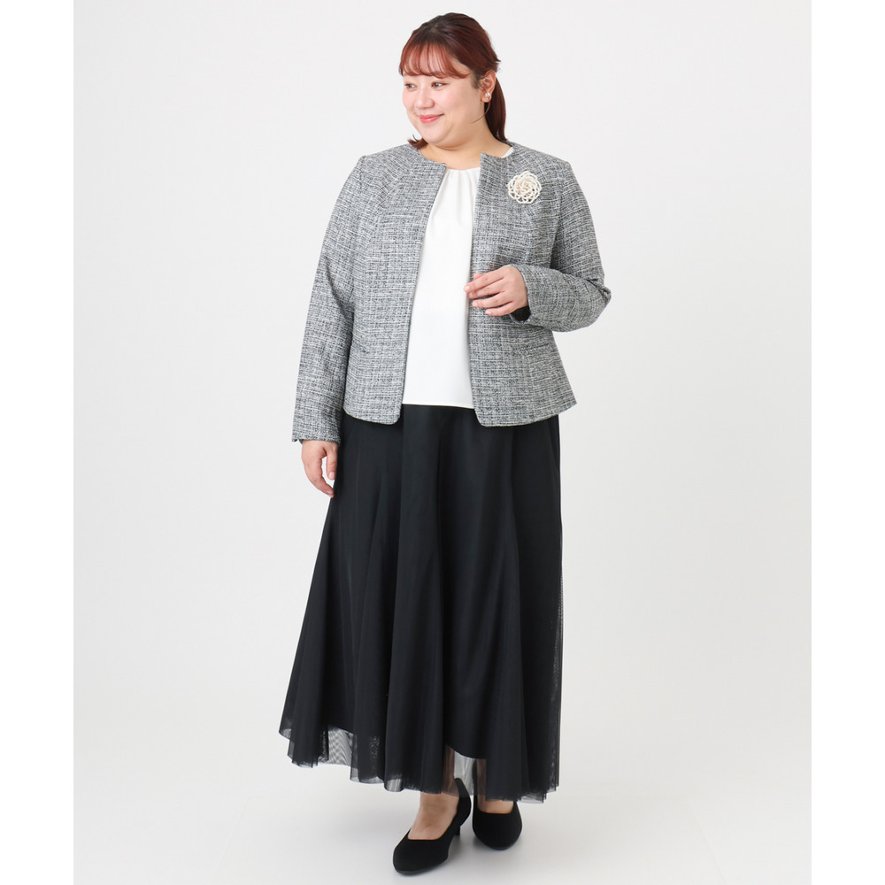 25年冬新作【大きいサイズ】ノーカラーツイードジャケット25