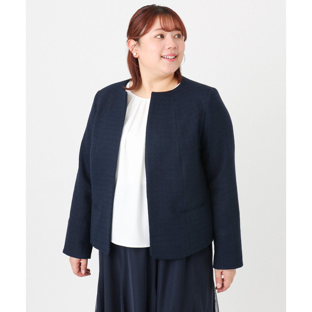 25年冬新作【大きいサイズ】ノーカラーツイードジャケット3