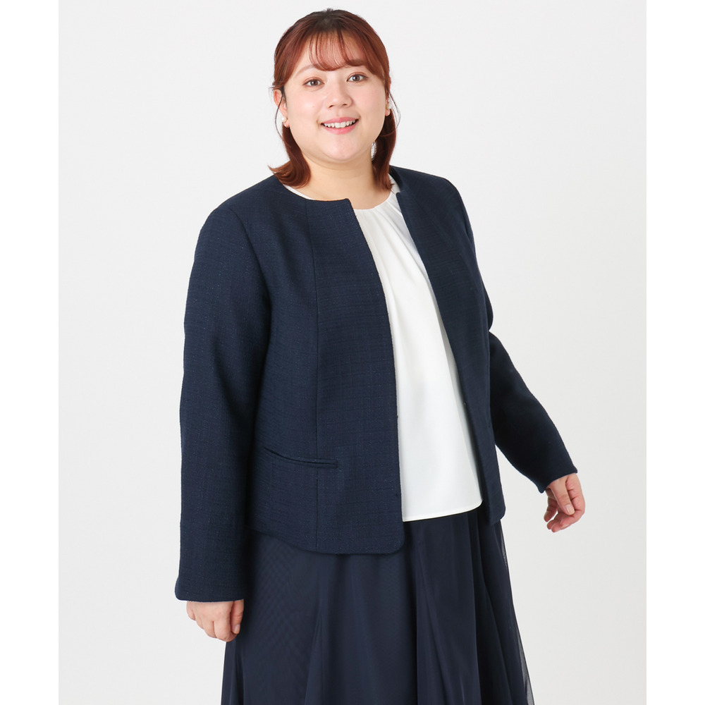 25年冬新作【大きいサイズ】ノーカラーツイードジャケット4