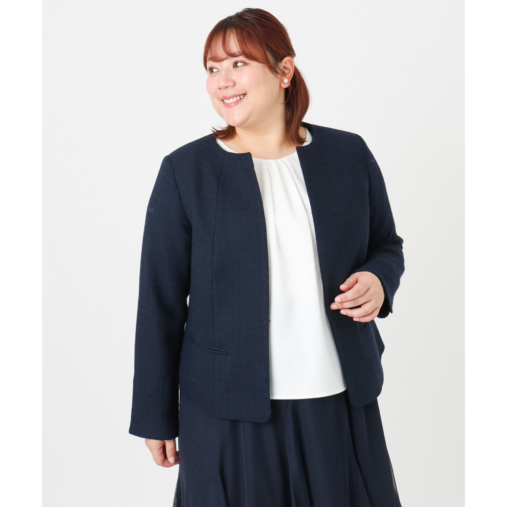 25年冬新作【大きいサイズ】ノーカラーツイードジャケット5