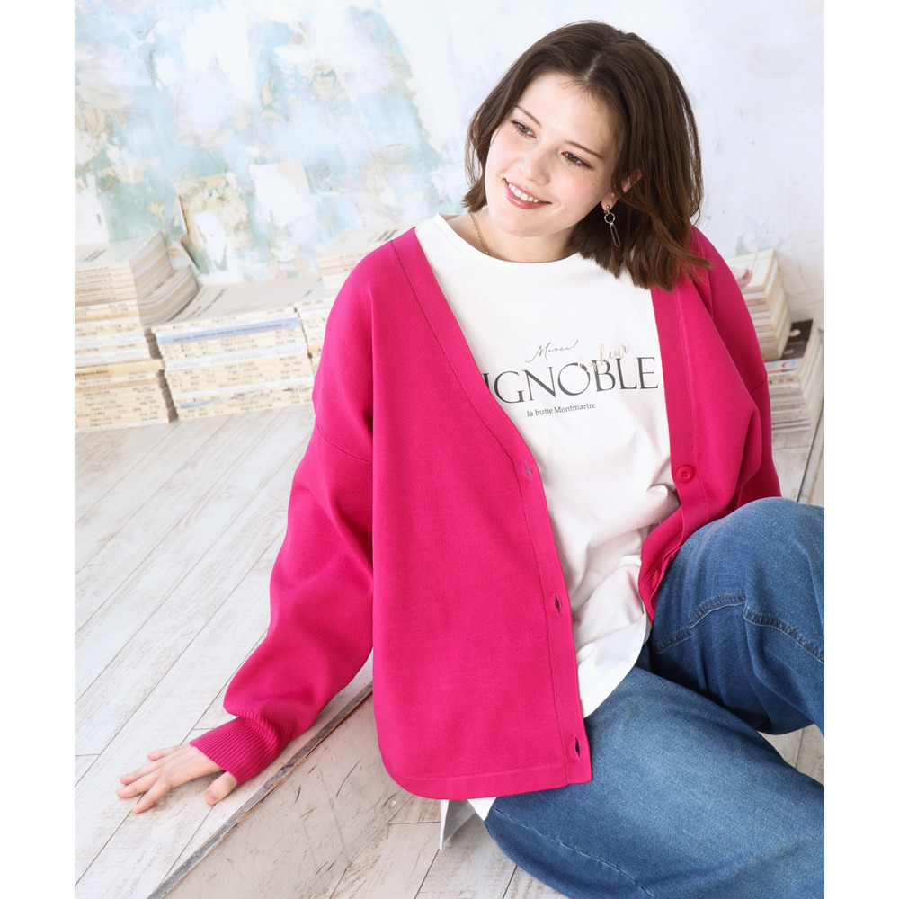 26年春新作【大きいサイズ/洗える】カーブヘムボクシーカーディガン