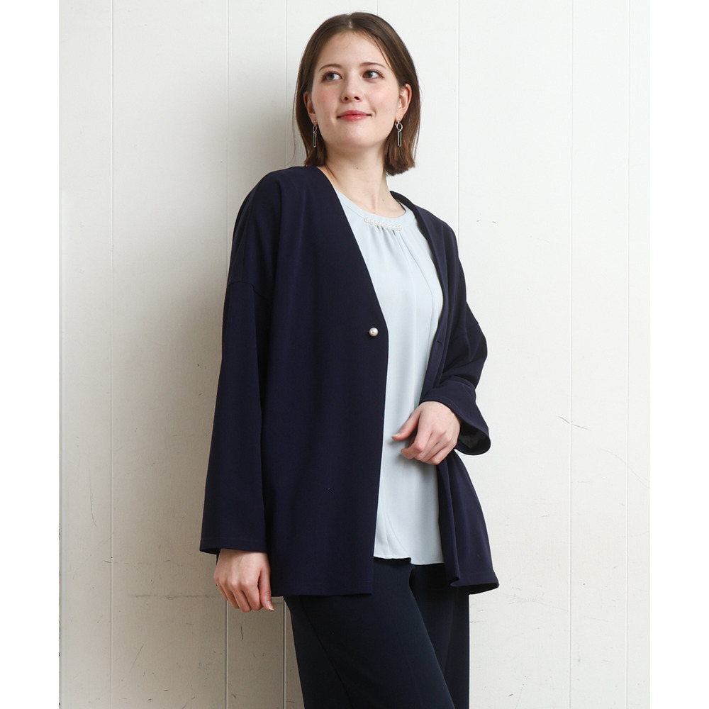 26年春新作【大きいサイズ/2wayボタン/セットアップ対応】カットジョーゼットVネックジャケット