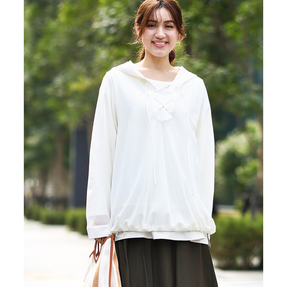 26年春新作【大きいサイズ】レースアップメッシュフーディ