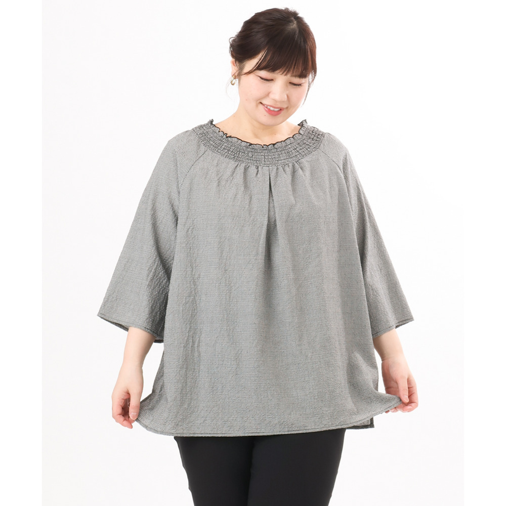 26年春新作【大きいサイズ】ギンガムシャーリングブラウス