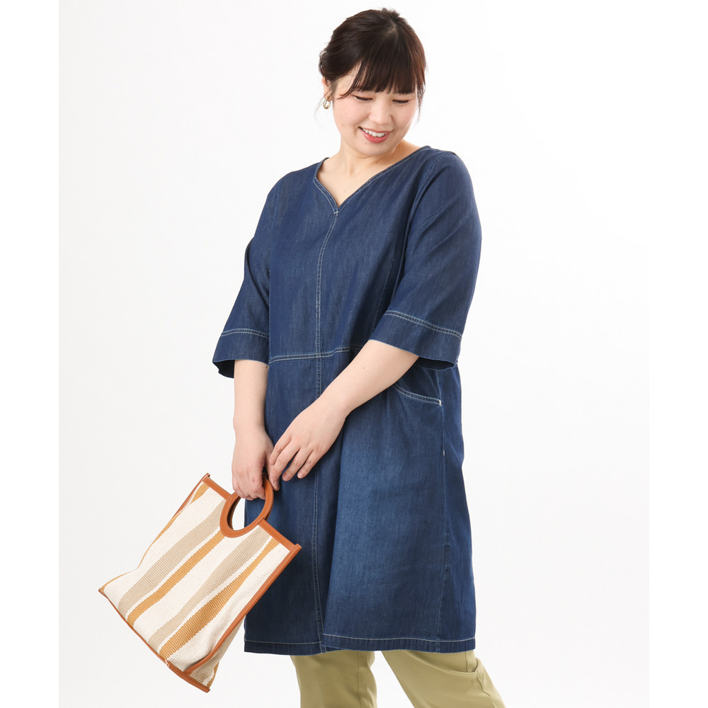 26年春新作【大きいサイズ】Vネックデニムチュニック