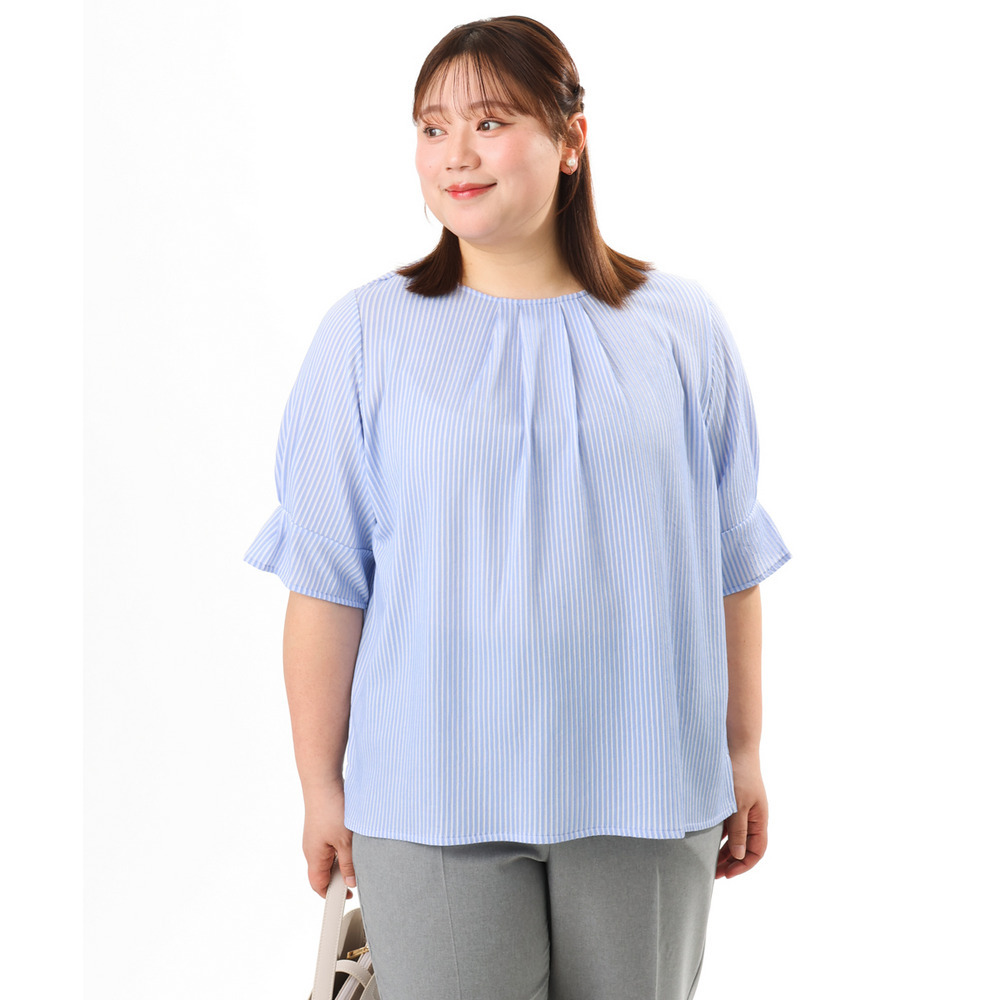 26年春新作【大きいサイズ】シャンブレーストライププカットソー1