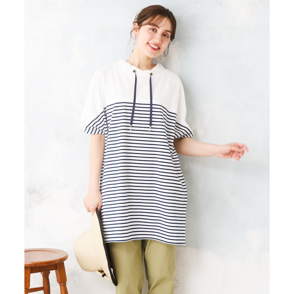 26年春新作【大きいサイズ】フーディ―風パネルボーダーカットソー