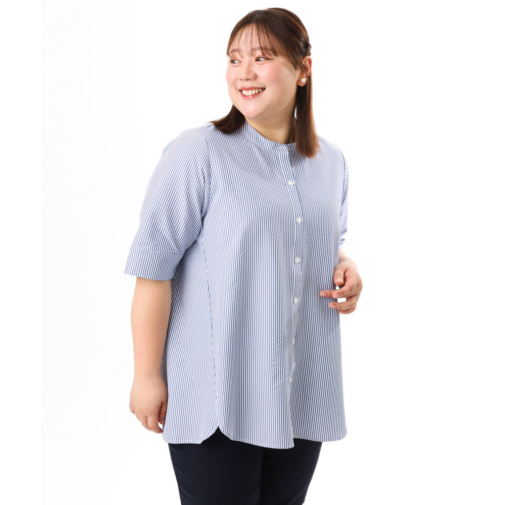 26年春新作【大きいサイズ】サッカーストライプブラウス