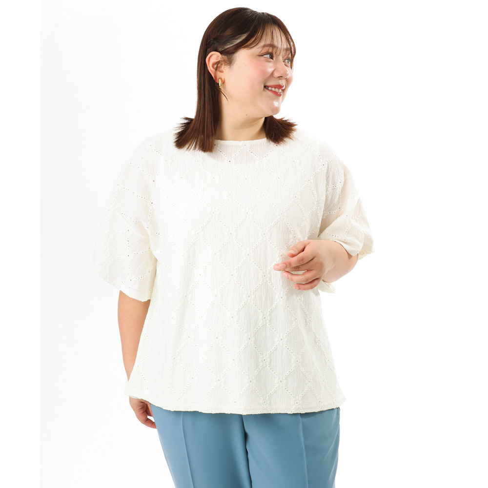 26年春新作【大きいサイズ】アイレットレースフレアスリーブトップス