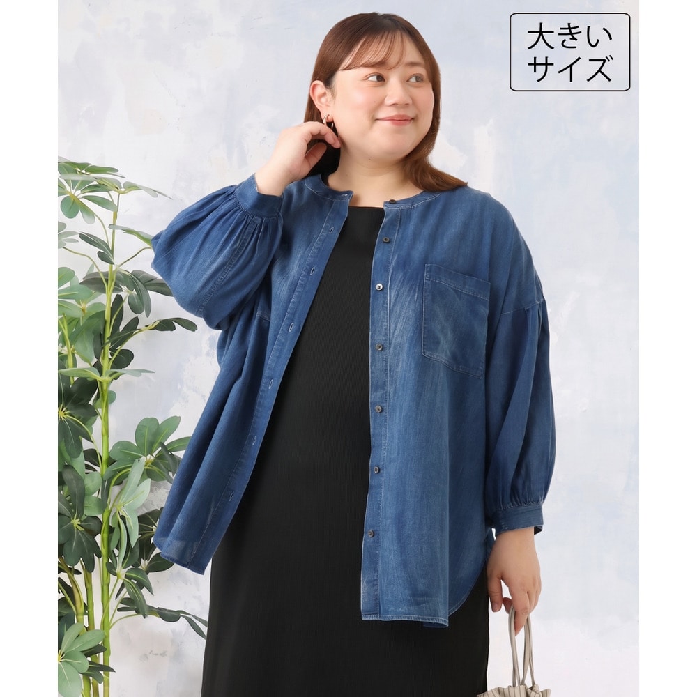26年夏新作【大きいサイズ】ノーカラーシア―デニムシャツ
