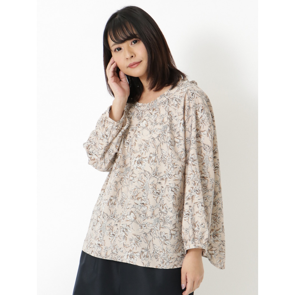 【L-4L】【大きいサイズ】ネックフリルプリントブラウス1