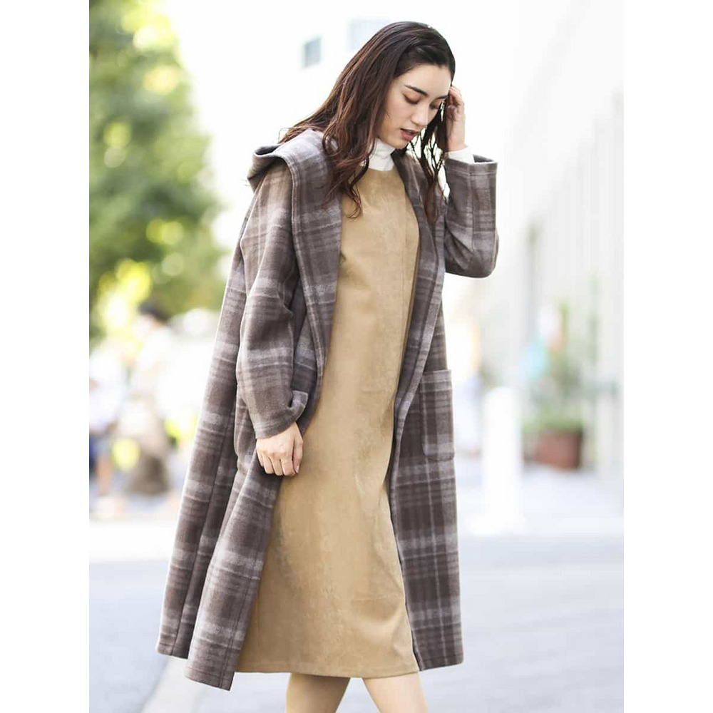大きいサイズ/洗える】フェルトチェック柄ガウンコート OLCLJ-05159