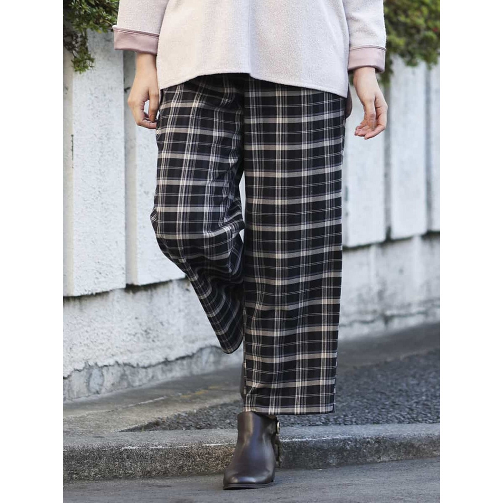 【大きいサイズ/洗える】チェック柄ワイドパンツ1