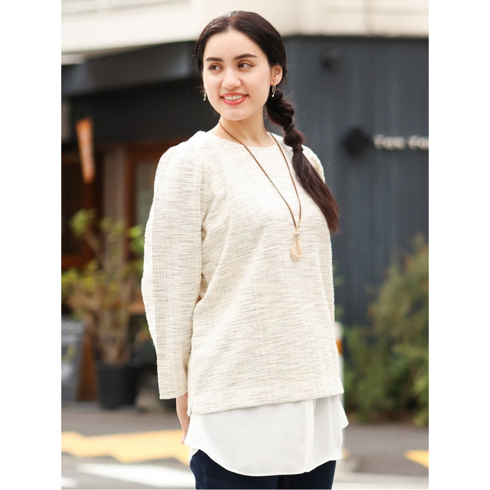 【大きいサイズ/a.v.v×eur3】ツイードギャザースリーブトップス1