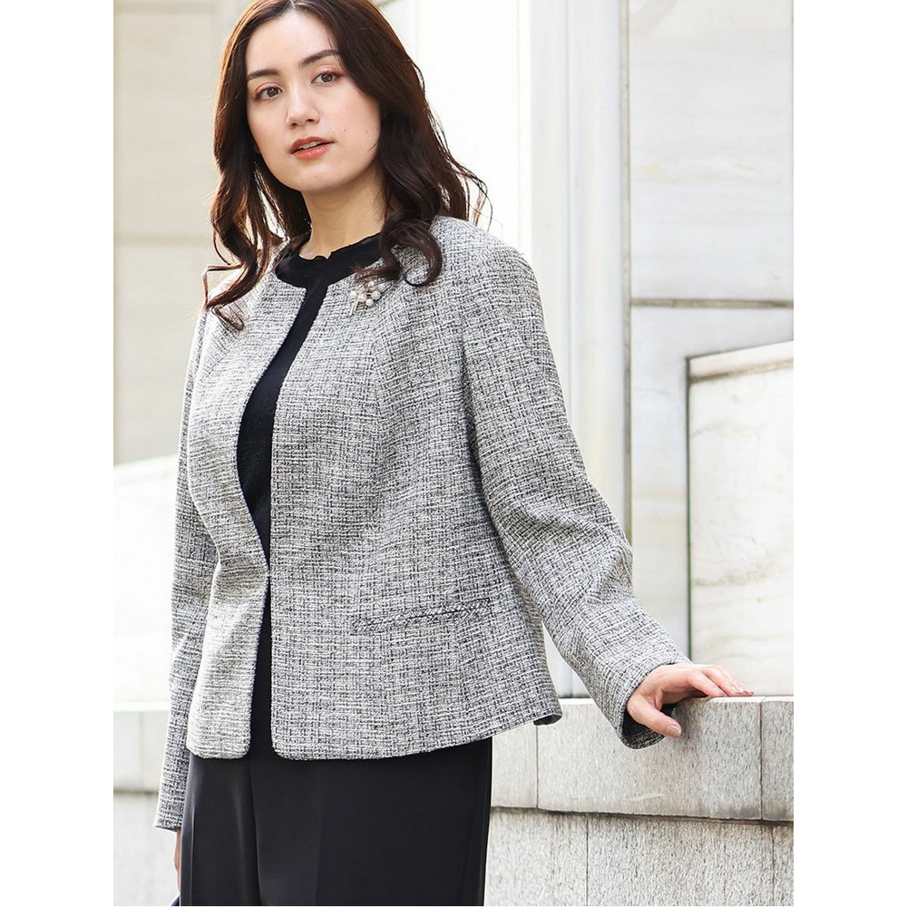 【大きいサイズ/B-move JK】ノーカラーツイードジャケット1