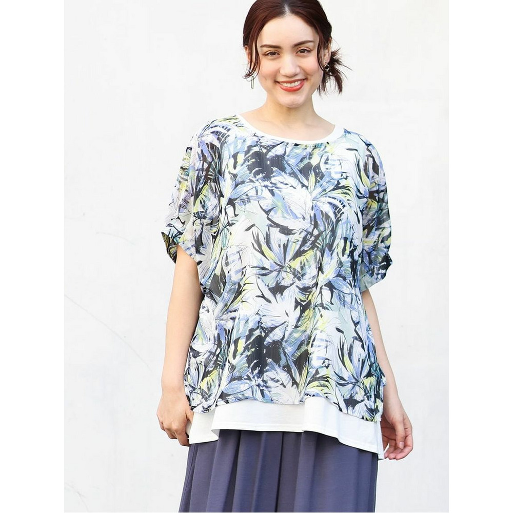 【大きいサイズ】リゾートプリントブラウス+タンクトップセット1