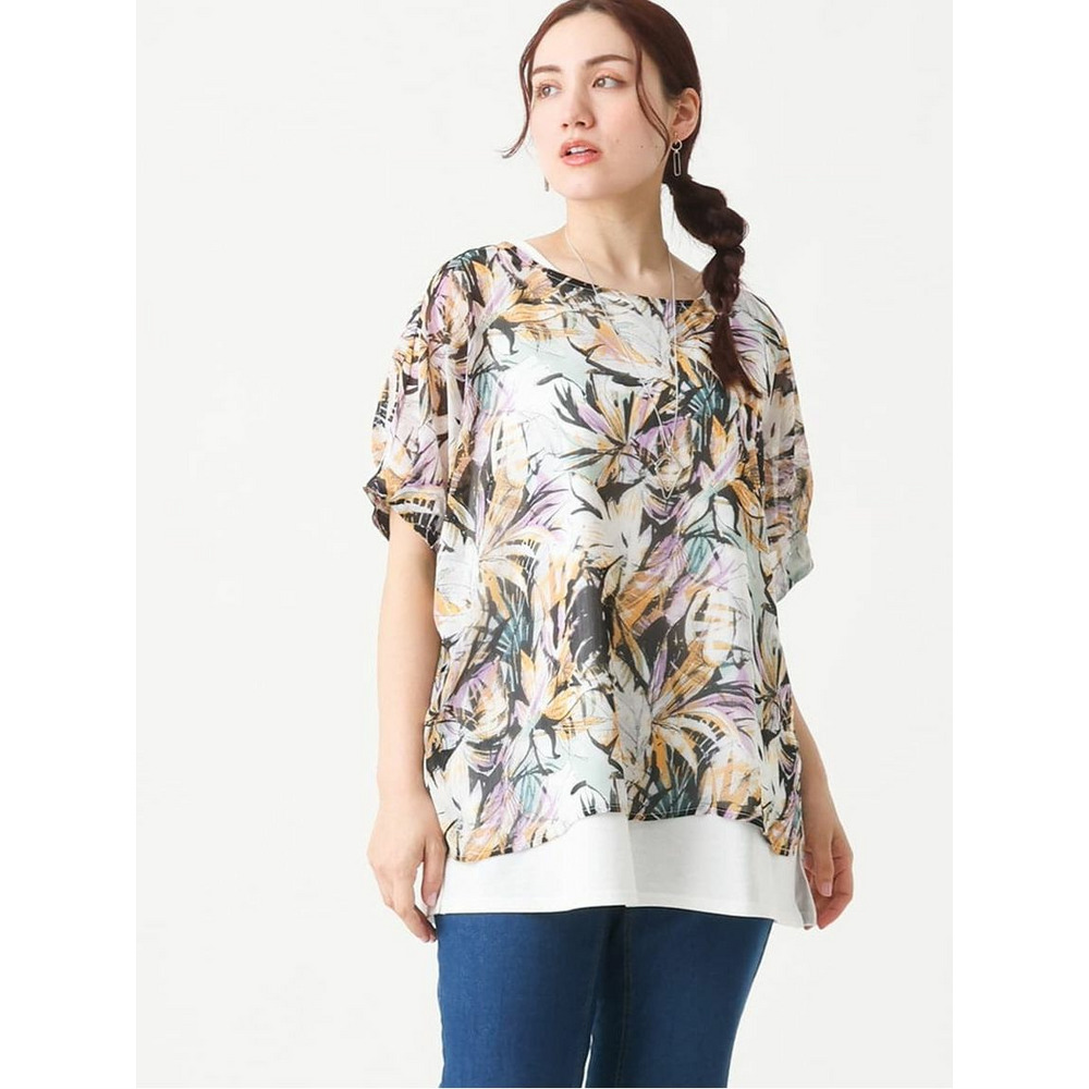 【大きいサイズ】リゾートプリントブラウス+タンクトップセット1