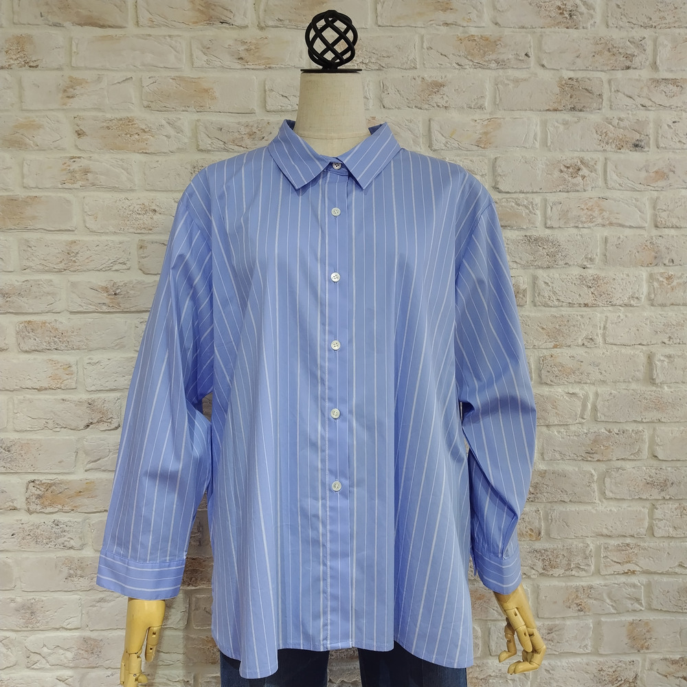 【洗える】シャツカラーストライプブラウス