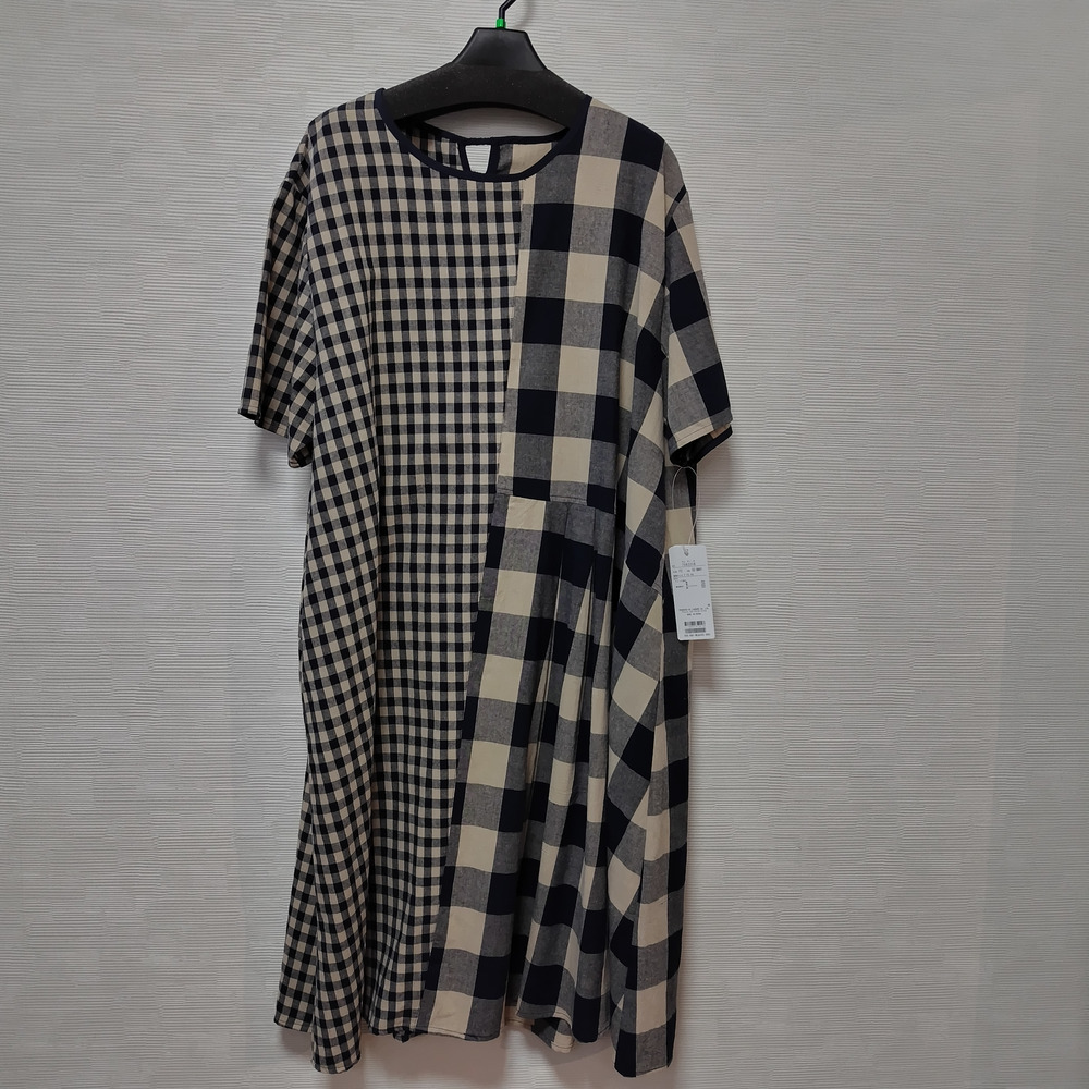 【洗える】【麻混】チェック柄切替ワンピース