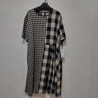 【洗える】【麻混】チェック柄切替ワンピース