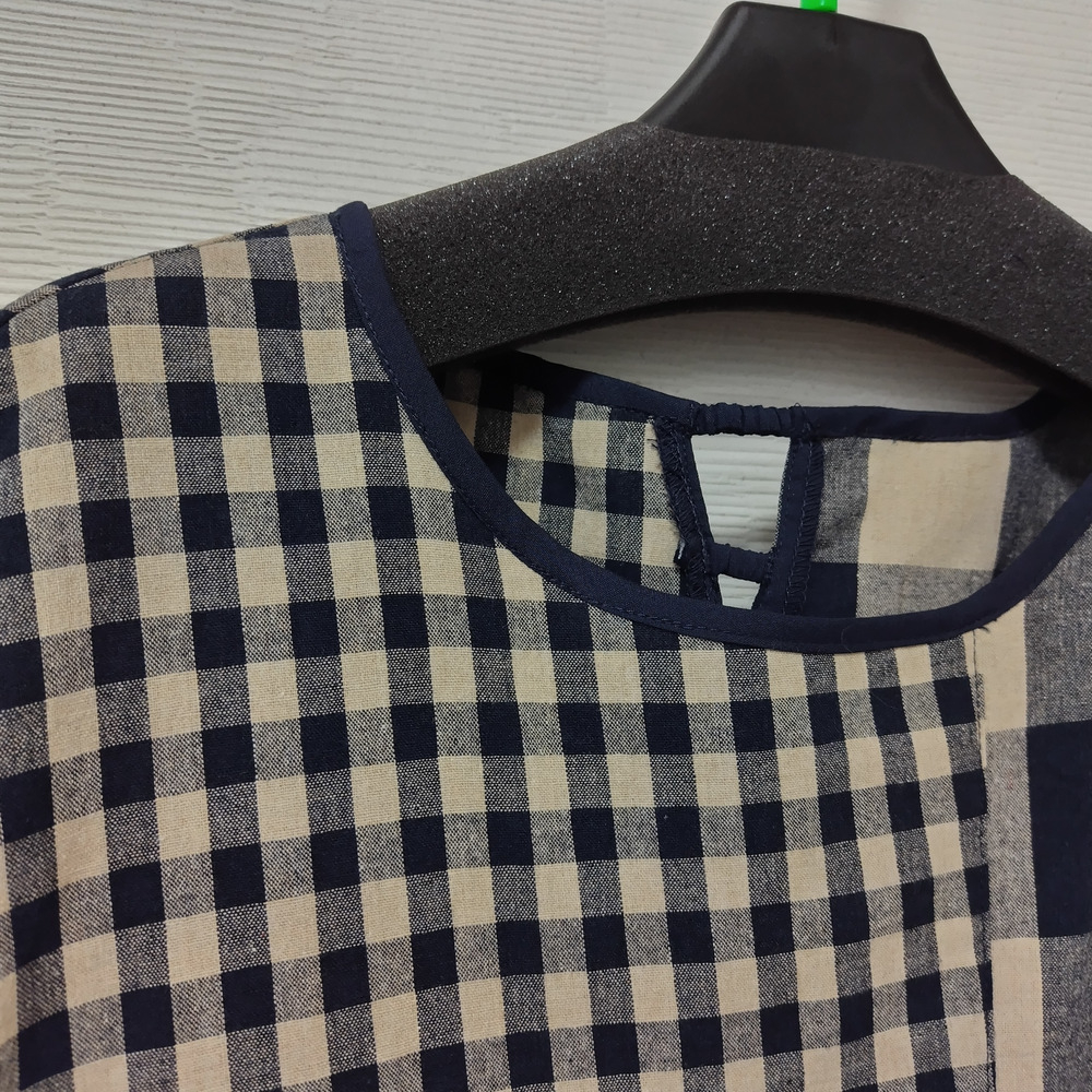 【洗える】【麻混】チェック柄切替ワンピース2