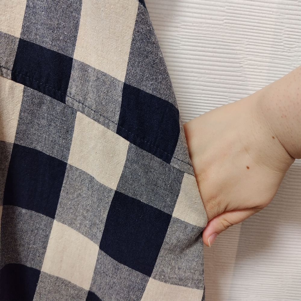 【洗える】【麻混】チェック柄切替ワンピース3