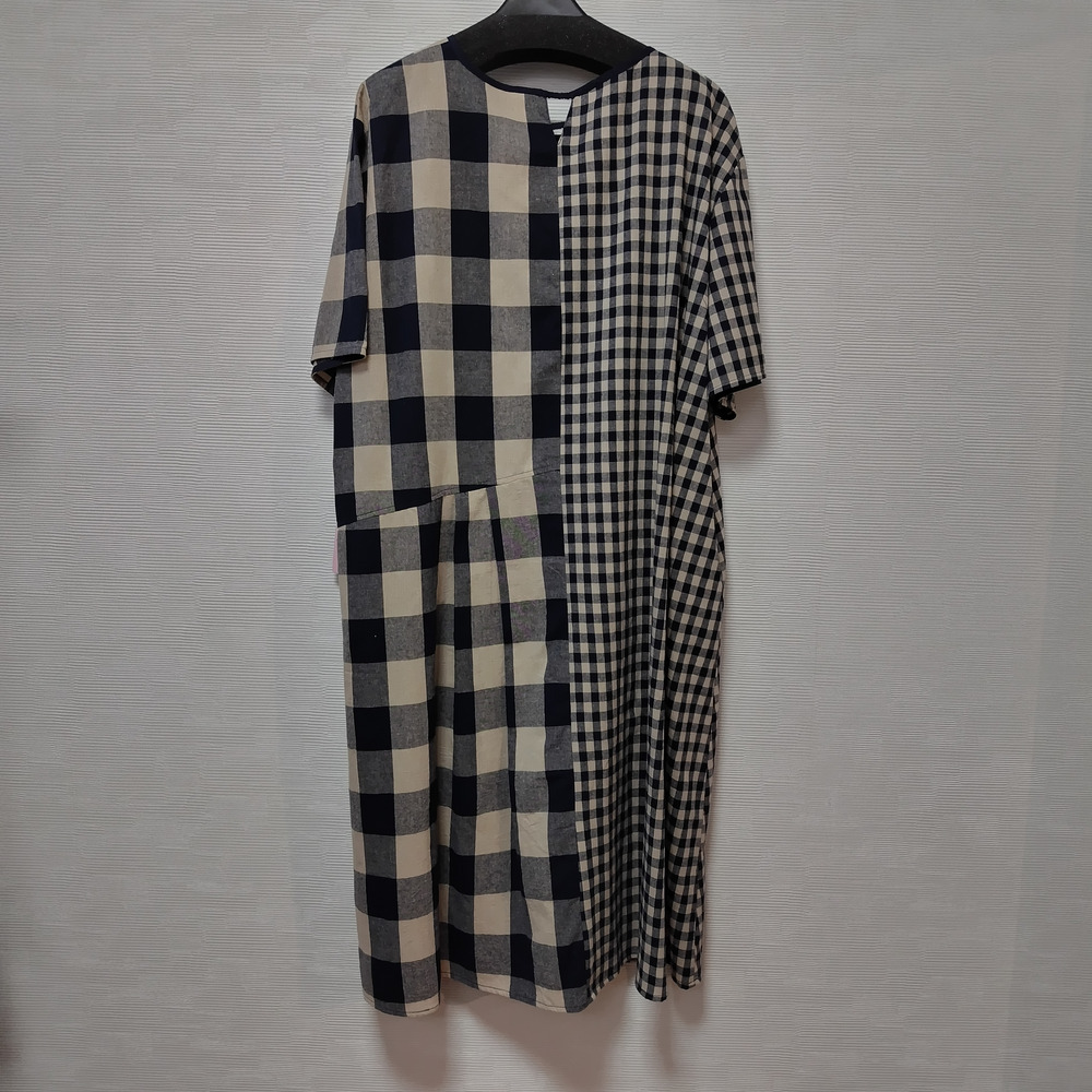 【洗える】【麻混】チェック柄切替ワンピース5