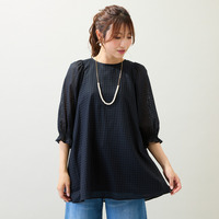 【コットン100％/水洗い可】シースルーチェックバックリボンブラウス