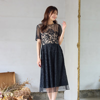 【美シルエット】ドットチュール刺繍ワンピース