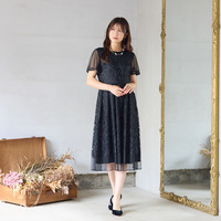 【美シルエット】ドットチュール刺繍ワンピース