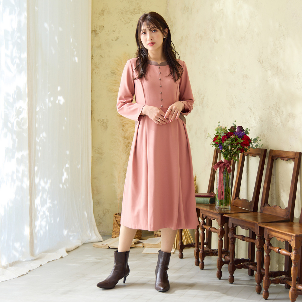 【吸湿発熱/毛玉になりにくい】配色切替クラシカルワンピース1