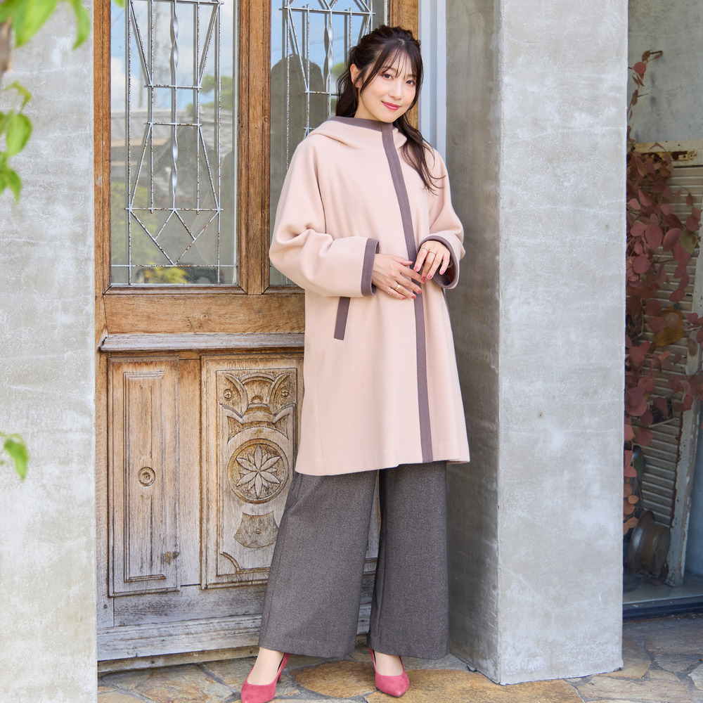 フード付き配色切替えコート3