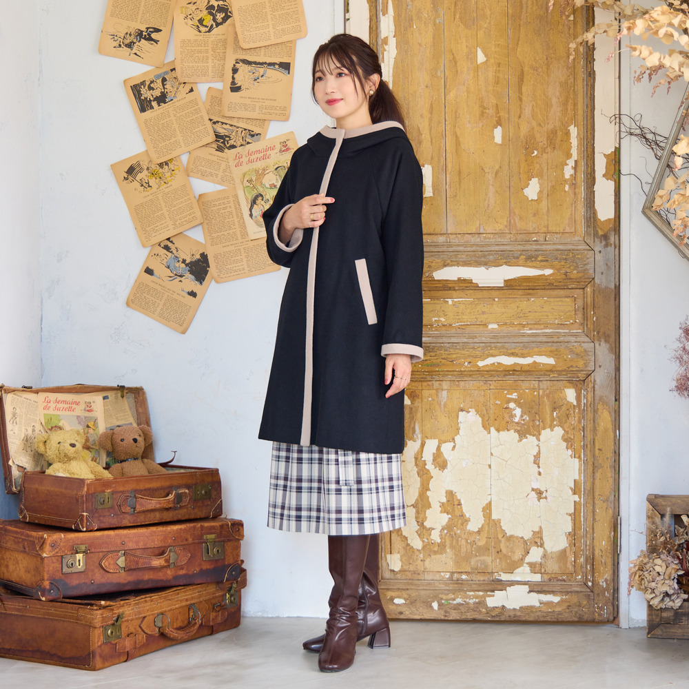 フード付き配色切替えコート4