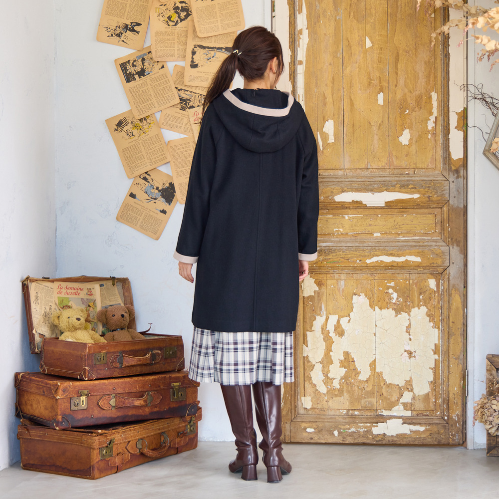 フード付き配色切替えコート6