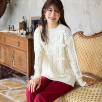 リボン×ケーブル編みニットプルオーバー