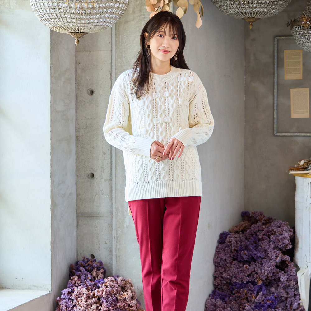 リボン×ケーブル編みニットプルオーバー1