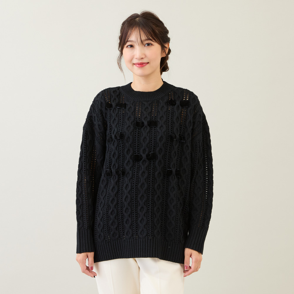 リボン×ケーブル編みニットプルオーバー2