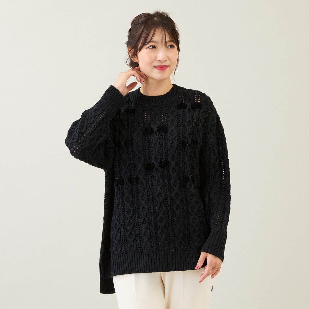 リボン×ケーブル編みニットプルオーバー1