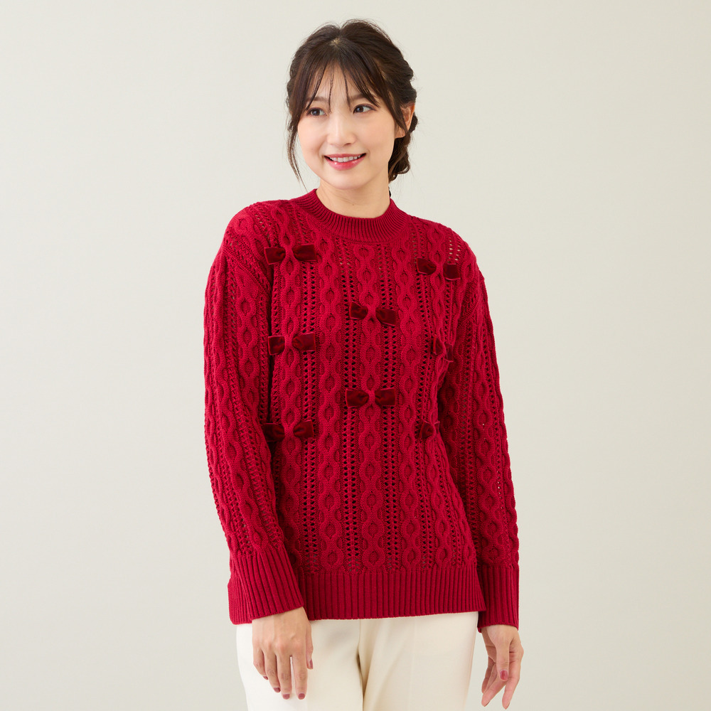 リボン×ケーブル編みニットプルオーバー1