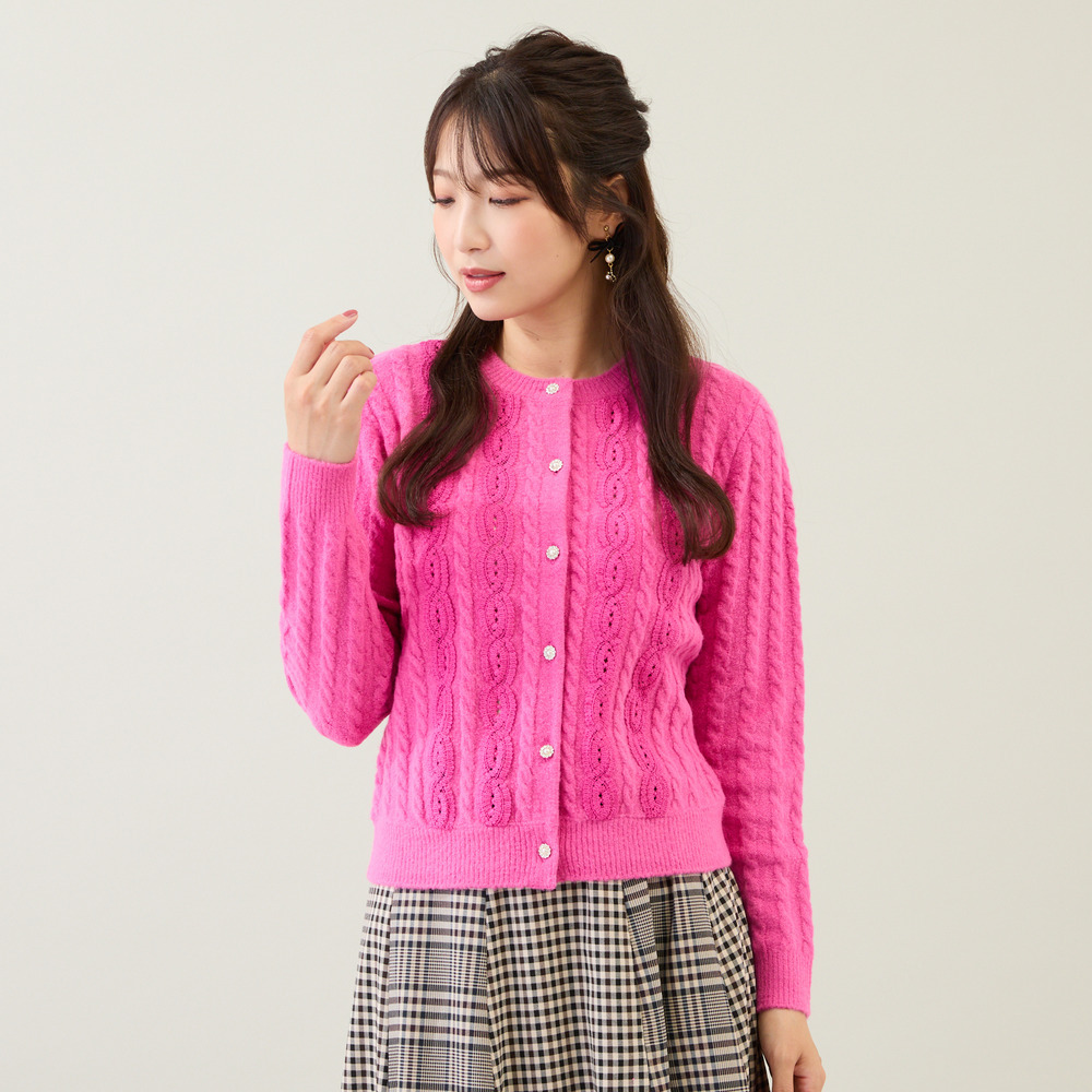 レース×ケーブル編みニットカーディガン2