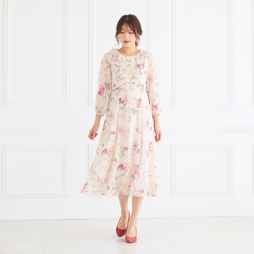 ラメストライプフラワープリントワンピース