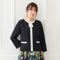 【リボンブローチ付】配色ノーカラージャケット