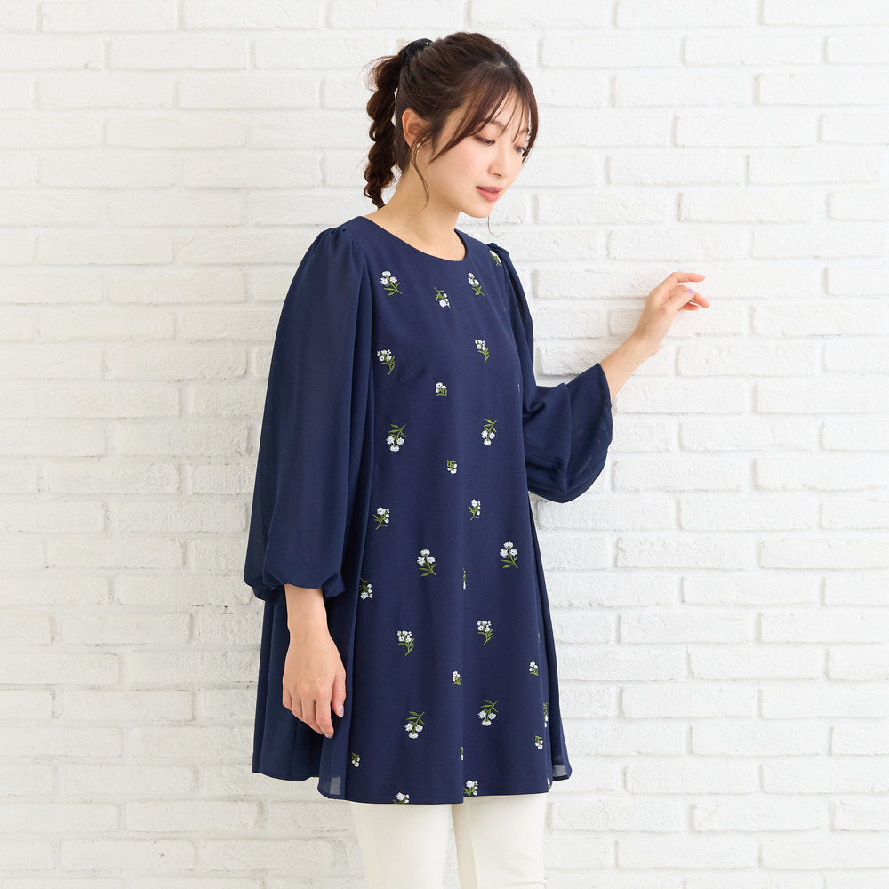 小花刺繍バルーンスリーブチュニック1