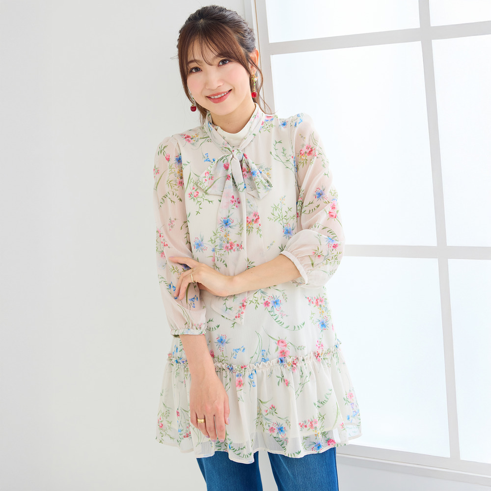 ボタニカルプリントリボンタイチュニック1