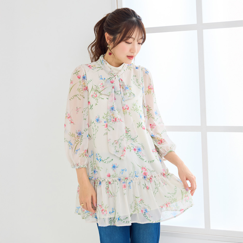 ボタニカルプリントリボンタイチュニック1