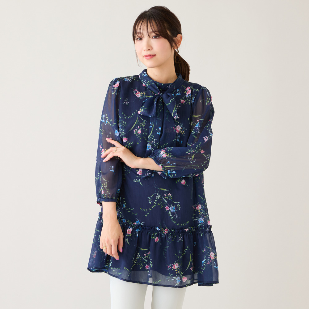ボタニカルプリントリボンタイチュニック1