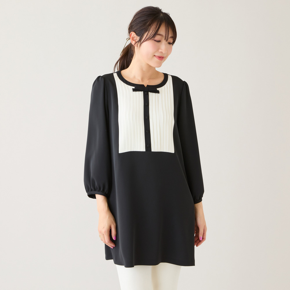 【接触冷感/UVカット/防シワ】クラシカルリボンタックブラウス1