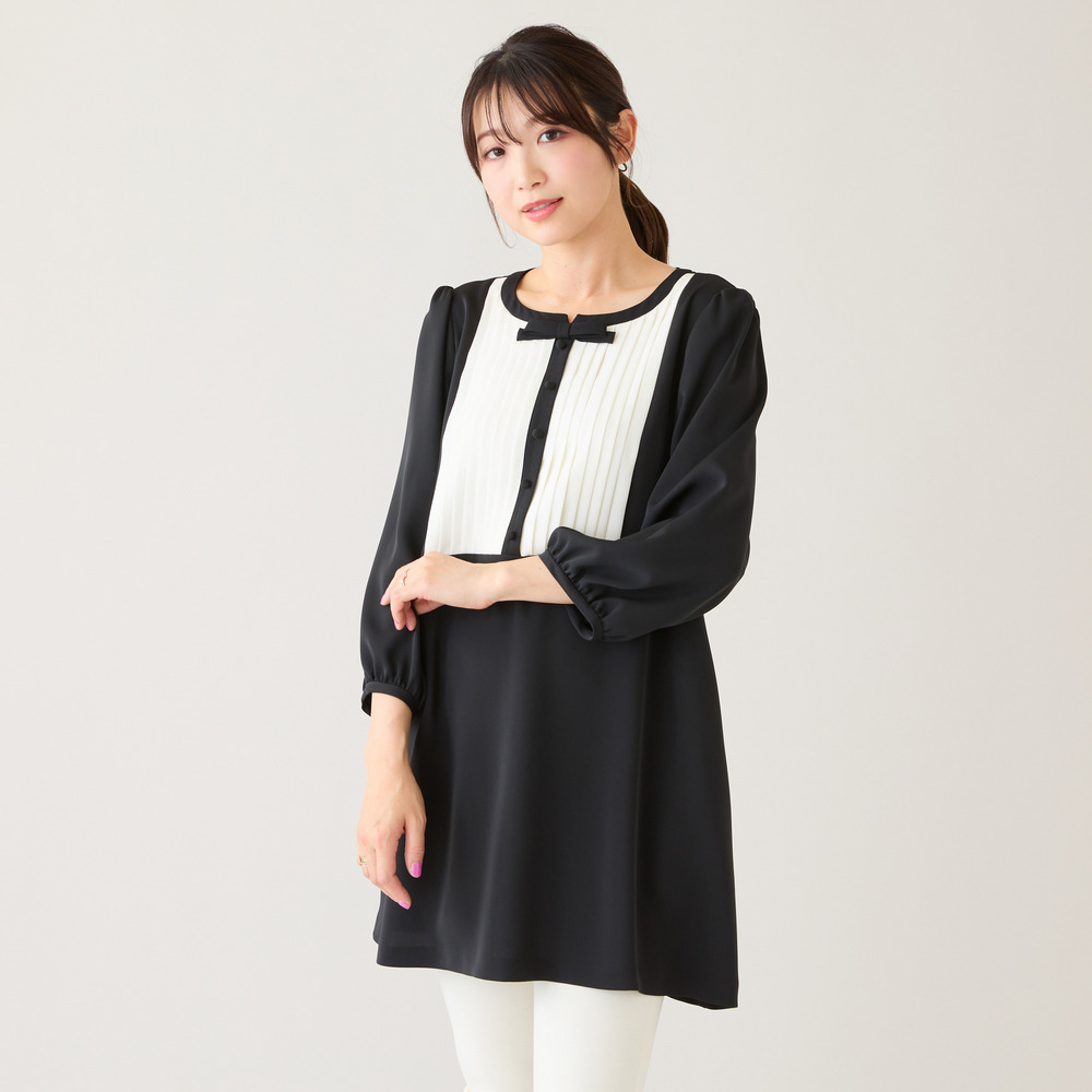 【接触冷感/UVカット/防シワ】クラシカルリボンタックブラウス2